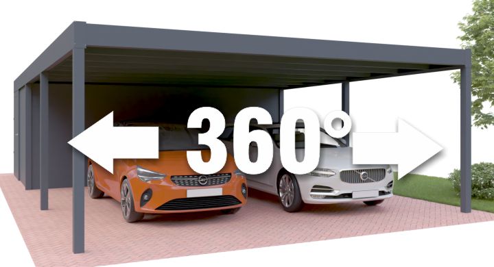 360 Grad Ansicht des AFC Doppelcarports mit Abstellraum