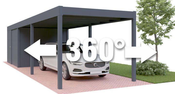 360 Grad Ansicht des AFC Einzelcarports mit Abstellraum