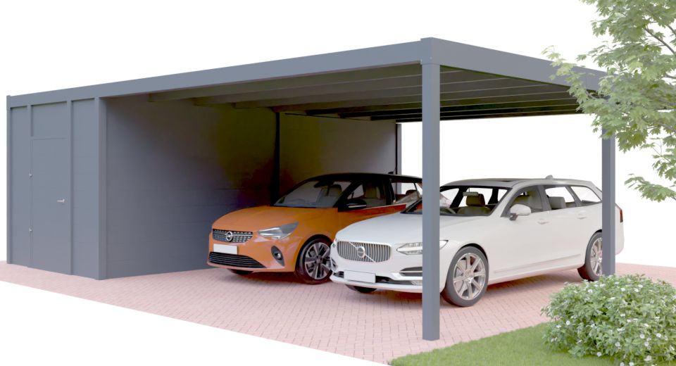 AFC Doppelcarport mit seitlichem Abstellraum jetzt mit Preis konfigurieren AFC Doppelcarport mit seitlichem Abstellraum jetzt mit Preis konfigurieren