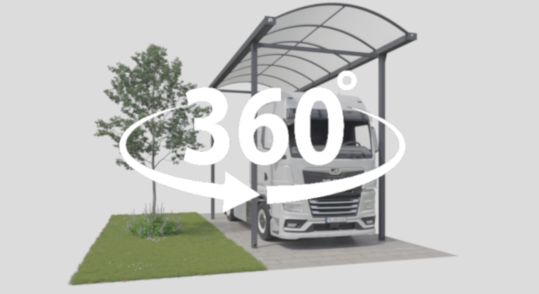 360 Grad Ansicht vom TYP-N LKW Carport aus Aluminium